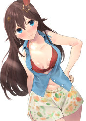 Rule 34 | 1girl, arm at side, blue eyes, blush, breasts, brown hair, cleavage, clip studio paint (medium), collarbone, cowboy shot, crop top, dutch angle, floral print, furukawa itsuse, hair ornament, hand on own hip, highres, hololive, long hair, looking to the side, open clothes, open vest, shorts, simple background, small breasts, smile, solo, star (symbol), star hair ornament, thighs, tokino sora, vest, virtual youtuber, white background