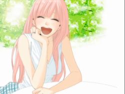 Rule 34 | 1girl, alternate hairstyle, cup, closed eyes, happy, head rest, hime cut, jewelry, just be friends (vocaloid), laughing, long hair, megurine luka, outdoors, pink hair, ring, screencap, sleeveless, smile, solo, vocaloid, yunomi, yunomi (yunomi imonuy)