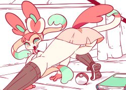 Rule 34 | 1girl, animal ears, animated, animated gif, artist name, ass, ass shake, black footwear, black socks, blush, book, cameltoe, cleft of venus, colored sclera, creatures (company), diives, female focus, from behind, furry, furry female, game freak, gen 6 pokemon, green eyes, green sclera, hairband, indoors, kneehighs, looking at viewer, looking back, nintendo, open mouth, panties, pantyshot, patreon logo, patreon username, personification, pink skirt, pleated skirt, poke ball, pokemon, pokemon (creature), pokemon xy, presenting, school uniform, shirt, shoes, short sleeves, skirt, smile, socks, solo, spread legs, sylveon, tail, teeth, text focus, underwear, upskirt, watermark, web address, white background, white panties, white shirt
