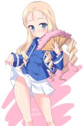 Rule 34 | 1girl, alternate eye color, bc freedom military uniform, blonde hair, blue eyes, blue jacket, blue vest, blush, closed mouth, clothes lift, commentary, dated, dress shirt, drill hair, folding fan, girls und panzer, gluteal fold, groin, hand fan, hat, head tilt, high collar, highres, holding, holding fan, jacket, kuzuryuu kennosuke, lifting own clothes, long hair, long sleeves, looking at viewer, marie (girls und panzer), military, military uniform, miniskirt, one-hour drawing challenge, pink background, pleated skirt, shirt, skirt, skirt lift, solo, standing, thighs, twitter username, uniform, vest, white background, white shirt, white skirt