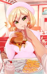 Rule 34 | 1boy, 1girl, :t, bag, blonde hair, blush, breasts, burger, cleavage, cleavage cutout, clothing cutout, earrings, food, french fries, green eyes, handbag, hat, heart cutout, highres, indoors, jewelry, large breasts, medium breasts, merunyaa, milkshake, nail polish, original, out of frame, pink nails, pov, pov across table, pov hands, sammy (bestsammy), short hair, sitting, sleeves past wrists, solo focus, sweatdrop, wiping face