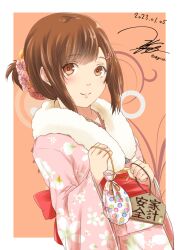 Rule 34 | 1girl, alternate costume, brown eyes, brown hair, ema, flower, folded ponytail, fur collar, furisode, hair flower, hair ornament, happy new year, highres, inazuma (kancolle), japanese clothes, kantai collection, kimono, long hair, new year, obi, pink flower, pink kimono, sash, smile, solo, upper body, wide sleeves, yua (checkmate)