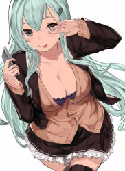 Rule 34 | 10s, 1girl, :p, aqua hair, black eyes, black thighhighs, blazer, bra, breasts, cardigan, cellphone, cleavage, cowboy shot, frill trim, frills, from above, hair ornament, hair over shoulder, hairclip, hand over eye, jacket, kantai collection, large breasts, long hair, looking at viewer, open clothes, open shirt, phone, purple bra, shirt, shou xun bu liang, sidelocks, simple background, skirt, smartphone, solo, suzuya (kancolle), thighhighs, tongue, tongue out, underwear, white background