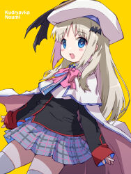 Rule 34 | 1girl, akayama yukihe, bat hair ornament, black ribbon, black shirt, blonde hair, blue eyes, blue skirt, blue trim, blush stickers, bow, bowtie, cape, capelet, character name, collared capelet, commentary request, hair ornament, hat, hat ribbon, highres, little busters!, little busters! school uniform, long hair, long sleeves, looking at viewer, miniskirt, noumi kudryavka, open mouth, pink bow, pink bowtie, plaid, plaid skirt, pleated skirt, ribbon, school uniform, shirt, sidelocks, skirt, sleeves past wrists, smile, solo, thighhighs, white cape, white capelet, white hat, white thighhighs, yellow background, zettai ryouiki