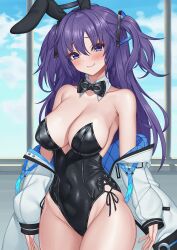 Rule 34 | 1girl, alternate costume, animal ears, bare shoulders, black bow, black bowtie, black hairband, black leotard, blue archive, blue eyes, blue hair, blush, bow, bowtie, breasts, closed mouth, collarbone, covered navel, detached collar, fake animal ears, hairband, highres, jacket, large breasts, leotard, long hair, long sleeves, off shoulder, pinkcap, playboy bunny, rabbit ears, smile, two side up, white jacket, yuuka (blue archive)