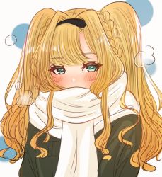Rule 34 | bad id, bad twitter id, blonde hair, blush, cold, granblue fantasy, green eyes, hairband, highres, li s625, looking at viewer, scarf, sweater, twintails, zeta (granblue fantasy)