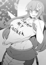 Rule 34 | 1girl, :d, bare shoulders, blush, breasts, choker, clothes writing, commentary, covered erect nipples, elakan, english commentary, greyscale, hair between eyes, hair ornament, hairclip, happy, huge breasts, inktober, lamia, long hair, looking at viewer, midriff, miia (monster musume), miniskirt, monochrome, monster girl, monster musume no iru nichijou, navel, open mouth, pointy ears, scales, simple background, skirt, sleeveless, slit pupils, smile, snap my choker (phrase), solo, tail, tank top, upper body, v