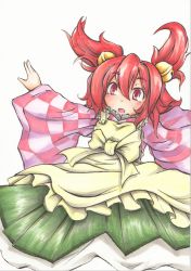 Rule 34 | 1girl, apron, bell, checkered clothes, checkered shirt, female focus, hair bell, hair ornament, jingle bell, long sleeves, marker (medium), motoori kosuzu, outstretched arms, red eyes, red hair, shirt, short hair, sokutenkun, solo, touhou, traditional media, twintails, two side up, wide sleeves