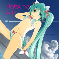 Rule 34 | 10s, 1girl, 2013, animal ears, artist name, bell, bikini, cat ears, cat tail, character name, cloud, dated, day, flat chest, glenn (600224), green eyes, green hair, hatsune miku, headphones, highres, jingle bell, long hair, matching hair/eyes, navel, sitting, sky, soaking feet, solo, striped bikini, striped clothes, swimsuit, tail, twintails, very long hair, vocaloid, water