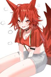Rule 34 | 1girl, :d, animal ears, arknights, arm strap, black choker, breasts, choker, cleavage, commentary request, crop top, flametail (arknights), flametail (sport for all) (arknights), grey shorts, highres, horn/wood, large tail, long hair, looking at viewer, medium breasts, midriff, official alternate costume, open mouth, red eyes, red hair, red shirt, shirt, short shorts, short sleeves, shorts, simple background, sitting, smile, solo, squirrel ears, squirrel tail, stomach, tail, thighs, very long hair, white background