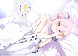 Rule 34 | 1girl, absurdres, angel wings, bare arms, bare shoulders, blue archive, dress, halo, hattimitsu (hatelimitu), highres, looking at viewer, mika (blue archive), pantyhose, pink hair, solo, white dress, white pantyhose, white wings, wings, yellow eyes