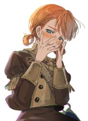 Rule 34 | 1girl, annette fantine dominic, ayuppe, black jacket, blue eyes, blush, fire emblem, fire emblem: three houses, garreg mach monastery uniform, hands up, highres, jacket, long sleeves, looking at viewer, nintendo, open mouth, orange hair, short hair, short twintails, simple background, solo, twintails, uniform, upper body, white background