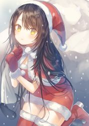 Rule 34 | 1girl, blush, boots, breasts, brown hair, capelet, cleavage, copyright request, dress, fur trim, highres, holding, io enishi, large breasts, long hair, looking at viewer, mittens, open mouth, red mittens, red thighhighs, sack, santa costume, short dress, solo, thigh boots, thighhighs, very long hair, yellow eyes
