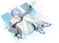 Rule 34 | arknights, arm up, bare shoulders, blue hair, crop top, echj, gloves, grey eyes, halo, leggings, looking at viewer, midriff, off shoulder, pants, shoes, short hair, smile, sneakers, spuria (arknights), stomach, tank top, white footwear, white gloves, white pants, white tank top