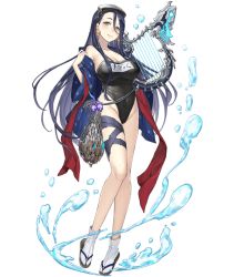 Rule 34 | 1girl, black hair, breasts, covered navel, diving mask, diving mask on head, earrings, full body, goggles, goggles on head, hair between eyes, harp, instrument, jewelry, ji no, kaguya (sinoalice), large breasts, long hair, looking at viewer, net, official art, sandals, sinoalice, smile, solo, swimsuit, thigh strap, transparent background, water, zouri