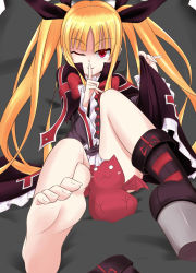 Rule 34 | 1girl, absurdres, arc system works, barefoot, between legs, blazblue, blonde hair, boots, bow, cat, clothes lift, feet, finger to mouth, foot focus, foreshortening, gii, highres, kotuzui yositune, long hair, one eye closed, rachel alucard, red bow, red eyes, shoes, single shoe, skirt, skirt lift, soles, solo, toe-point, toes, twintails, vampire, very long hair, wink