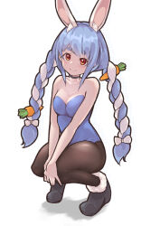 Rule 34 | 1girl, absurdres, animal ears, bare shoulders, black choker, black footwear, black pantyhose, blue hair, blue leotard, braid, breasts, carrot hair ornament, choker, cleavage, collarbone, food-themed hair ornament, full body, fur-trimmed footwear, fur trim, hair ornament, hands on own knees, highres, hololive, itou kazuki, knees together feet apart, leotard, long hair, looking at viewer, medium breasts, multicolored hair, own hands together, pantyhose, rabbit ears, red eyes, shadow, simple background, sitting, smile, solo, squatting, strapless, strapless leotard, thick eyebrows, twin braids, usada pekora, virtual youtuber, white background, white hair