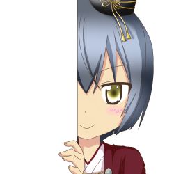 Rule 34 | &gt;:), 1girl, green eyes, grey hair, hat, japanese clothes, looking at viewer, miki (oshiro collection), miki (oshiro project), nagineko, oshiro project:re, peeking out, short hair, solo, tate eboshi, transparent background, v-shaped eyebrows
