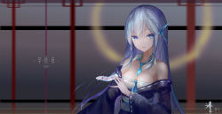 Rule 34 | 1girl, armpit peek, bare shoulders, blue eyes, blue hair, blue kimono, blue necktie, blurry, blurry background, braid, breasts, butterfly hair ornament, closed mouth, collar, commentary request, detached collar, hair ornament, hand up, highres, holding, japanese clothes, kimono, long hair, long sleeves, looking at viewer, medium breasts, miko, necktie, obi, off shoulder, ofuda, original, ribbon trim, sarashi, sash, short necktie, sidelocks, signature, solo, wangchuan de quanyan, white collar, wide sleeves