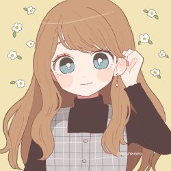 Rule 34 | 1girl, adjusting hair, aqua eyes, black sweater, bright pupils, brown hair, closed mouth, commentary, earrings, emma (kumaema), floral background, hand up, highres, jewelry, long hair, long sleeves, looking at viewer, original, plaid, smile, solo, sweater, swept bangs, symbol-only commentary, twitter username, upper body, white pupils, yellow background