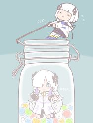 2girls :&lt; blue_background blue_eyes blush candy candy_jar cevio chibi coat commentary_request english_text fingerless_gloves flying_sweatdrops food gloves hair_ornament hair_over_one_eye highres holding holding_rope hood hood_down hooded_jacket in_container in_jar jacket jar kafu_(cevio) kamitsubaki_studio kneeling long_hair long_sleeves looking_at_viewer mini_person minigirl multicolored_hair multiple_girls pulling purple_hair rope sekai_(cevio) simple_background single_fingerless_glove solid_oval_eyes streaked_hair t_masoppu tearing_up trapped trembling v-shaped_eyebrows white_coat white_hair white_jacket