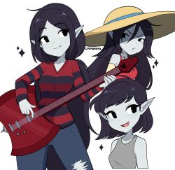 Rule 34 | 1girl, absurdres, adventure time, artist name, axe guitar, bare shoulders, black eyes, black hair, closed mouth, cremanata, electric guitar, fang, fang out, frown, guitar, hat, highres, holding, holding instrument, instrument, long hair, marceline abadeer, multiple views, open mouth, pale skin, pants, pointy ears, shirt, short hair, simple background, smile, striped clothes, striped shirt, very long hair, white background