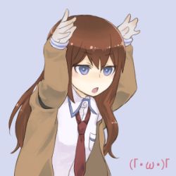 Rule 34 | .w., 1girl, arms up, blue background, blue eyes, brown hair, emoticon, eyebrows, female focus, long hair, lowres, makise kurisu, necktie, open mouth, rabbit pose, red tie, shift jis, simple background, solo, steins;gate, text focus