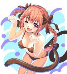 Rule 34 | 1girl, ;d, absurdres, alternate costume, bare shoulders, bent over, bikini, black bikini, black bow, blue background, blush, bow, braid, breasts, cat tail, commentary request, dutch angle, fang, hair bow, hair ribbon, hands up, highres, kaenbyou rin, long hair, looking at viewer, medium breasts, multiple tails, nekomata, no animal ears, one eye closed, open mouth, paw pose, purple eyes, ribbon, shiroi karasu, simple background, skin fang, smile, solo, swimsuit, tail, touhou, tress ribbon, twin braids, two tails, very long hair, white background