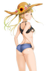 Rule 34 | 1girl, ;), absurdres, ass, bad id, bad nicoseiga id, bare arms, bare legs, bare shoulders, bikini, bikini top only, black bikini, blonde hair, blue eyes, blue shorts, blunt bangs, blush, breasts, brown hat, camisole, closed mouth, eyebrows, flower, from behind, hands on own hips, hat, hat flower, highres, looking back, micro bikini, one eye closed, original, pink flower, pink rose, rose, sasami (hallo), shiny skin, short shorts, shorts, sideboob, sidelocks, simple background, sleeveless, small breasts, smile, solo, straw hat, sunflower, swimsuit, thighs, white background
