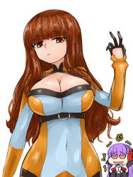Rule 34 | 2girls, bb (fate), bb (fate/extra), bodysuit, bow, breasts, brown eyes, brown hair, buckle, chaldea combat uniform, chibi, chibi inset, cleavage, cleavage cutout, clothing cutout, coat, covered navel, fate/extra, fate/extra ccc, fate/grand order, fate (series), gloves, heart, highres, jumpsuit, kishinami hakuno (female), large breasts, long hair, medium breasts, multiple girls, open mouth, overcoat, purple hair, red bow, steamingtofu, straight bangs, stunned, very long hair, wavy hair, wavy mouth, white background, white gloves