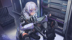 Rule 34 | 1girl, 2023, aac honey badger, black gloves, black shirt, commission, dated, fingerless gloves, gloves, hacking, highres, hiroki ree, jacket, open mouth, original, pointy ears, purple eyes, safety glasses, shirt, signature, solo, squatting, steam deck, suppressor, white hair, white jacket