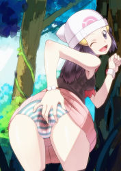 Rule 34 | 1girl, against tree, ass, ass focus, bad id, bad pixiv id, bent over, blue eyes, blue hair, cameltoe, clothes lift, creatures (company), dawn (pokemon), female focus, game freak, happy, hat, looking back, matching hair/eyes, nintendo, one eye closed, open mouth, panties, panty focus, pantyshot, partially visible vulva, pokemon, pov, presenting, purple eyes, purple hair, pussy, pussy juice, ryuntack, shiny skin, short hair, skirt, skirt lift, smile, solo, spread pussy, spread pussy under clothes, striped clothes, striped panties, thighhighs, tree, underwear, upskirt, wet, wet clothes, wet panties, wet spot, wink