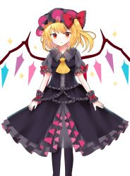 Rule 34 | 1girl, absurdres, black dress, black pantyhose, blonde hair, bow, dress, flandre scarlet, frilled bow, frills, hair between eyes, hair bow, hat, highres, long hair, open mouth, pantyhose, red bow, red eyes, sakizaki saki-p, short sleeves, side ponytail, simple background, solo, standing, striped, touhou, vertical stripes, white background, wrist cuffs