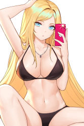 Rule 34 | 1girl, arm up, armpits, bare arms, bare shoulders, bikini, black bikini, blonde hair, blue eyes, breasts, cleavage, closed mouth, collarbone, expressionless, halterneck, hand on own head, hand up, holding, holding phone, jewelry, large breasts, long hair, looking at viewer, navel, necklace, original, phone, simple background, sitting, siun, solo, stomach, string bikini, swimsuit, taking picture, thighs, very long hair, white background