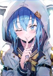 Rule 34 | 1girl, animal hood, backlighting, blue eyes, blue hair, blue nails, blush, commentary, finger to mouth, highres, hololive, hood, hood up, hoodie, hoshimachi suisei, hoshimachi suisei (school uniform), long sleeves, mixed-language commentary, nail polish, one eye closed, redcomet, smile, solo, upper body, virtual youtuber, white background