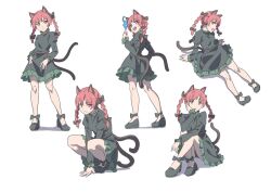 Rule 34 | 1girl, animal ears, black bow, black footwear, black ribbon, bow, braid, cat ears, cat tail, commentary request, dress, fire, footwear bow, frilled dress, frilled sleeves, frills, green dress, gyouza (mhea5724), hair bow, juliet sleeves, kaenbyou rin, leg ribbon, long hair, long sleeves, mary janes, multiple tails, multiple views, puffy sleeves, red eyes, red hair, ribbon, shoes, simple background, sitting, squatting, standing, tail, touhou, twin braids, white background