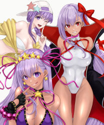 Rule 34 | &gt;:), 3girls, :d, :q, ;d, asymmetrical bangs, bandeau, bare shoulders, bb (fate), bb (fate) (all), bb (swimsuit mooncancer) (fate), bb (swimsuit mooncancer) (first ascension) (fate), bb (swimsuit mooncancer) (second ascension) (fate), bb (swimsuit mooncancer) (third ascension) (fate), bead bracelet, beads, bikini, bikini top only, black gloves, bracelet, breasts, cleavage, collarbone, covered navel, cropped jacket, earrings, fate/grand order, fate (series), fingerless gloves, ginshima jill, gloves, hair ribbon, hairband, halterneck, hat, highres, hip focus, jacket, jewelry, large breasts, licking lips, lipstick, long hair, long sleeves, looking at viewer, makeup, midriff, multiple girls, multiple persona, nail polish, off shoulder, one-piece swimsuit, one eye closed, open clothes, open jacket, open mouth, parted lips, pink nails, pink ribbon, purple bikini, purple eyes, purple hair, red eyes, red ribbon, ribbon, smile, star (symbol), star earrings, swimsuit, tan, tongue, tongue out, very long hair, white bikini, white hat, white one-piece swimsuit, yellow jacket