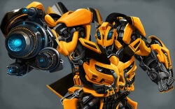 arm_cannon autobot blue_eyes bumblebee_(transformers) chevrolet_camaro glowing glowing_eyes humanoid_robot insignia machine mask mecha no_humans robot science_fiction transformers transformers:_dark_of_the_moon transformers_(live_action) weapon wheel yakiudon