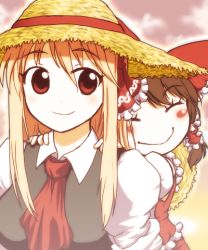 Rule 34 | 2girls, ascot, blonde hair, blush stickers, bow, brown hair, carrying, detached sleeves, hair bow, hair ribbon, hair tubes, hakurei reimu, hat, long hair, lowres, majrise, multiple girls, aged up, open mouth, parody, red eyes, ribbon, rumia, smile, straw hat, style parody, touhou, aged down