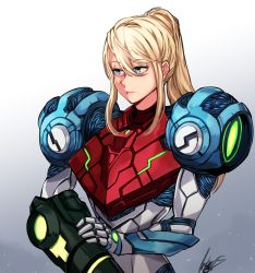 Rule 34 | 1girl, absurdres, antares topaz, arm cannon, armor, blonde hair, blue eyes, commentary, english commentary, glowing, gun, highres, long hair, looking at viewer, metroid, metroid dread, mole, mole under mouth, nintendo, ponytail, power armor, power suit, samus aran, science fiction, sidelocks, simple background, solo, upper body, weapon