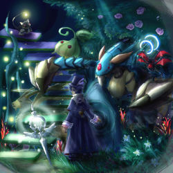Rule 34 | 1boy, capelet, creature, flower, frederic chopin (trusty bell), from behind, fuju, full body, glowing, grass, hat, horns, long coat, long sleeves, looking back, lowres, male focus, night, purple eyes, purple hair, purple hat, short hair, sleeve cuffs, solo, stairs, standing, top hat, tree, trusty bell