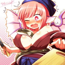 Rule 34 | 1girl, animal ears, bad id, bad pixiv id, between breasts, bird wings, blush, breasts, cutting board, eel, halftone, halftone background, hat, highres, japanese clothes, kimono, kisaragi zwei, knife, large breasts, md5 mismatch, mystia lorelei, obi, off shoulder, okamisty, one eye closed, pink eyes, pink hair, sash, sexually suggestive, slime (substance), solo, sweat, team shanghai alice, touhou, translation request, wavy mouth, wings