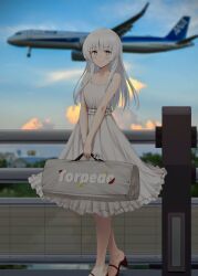 Rule 34 | 1girl, aircraft, airplane, alternate costume, blush, breasts, cleavage, closed mouth, collarbone, commentary request, dress, grey eyes, grey hair, high heels, highres, holding, ichikawa feesu, kantai collection, long hair, looking at viewer, medium breasts, outdoors, shirakumo (kancolle), sleeveless, sleeveless dress, smile, solo, standing, white dress