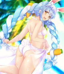 Rule 34 | 1girl, :d, animal ear fluff, animal ears, ass, bare legs, bare shoulders, beach, blue hair, blurry, blurry background, bow, bra, braid, carrot, choker, cowboy shot, dress, extra ears, eyebrows hidden by hair, food-themed hair ornament, hair bow, hair ornament, highres, hololive, lace, lace-trimmed bra, lace trim, lifted by self, long hair, looking at viewer, looking back, makumaxu, multicolored eyes, multicolored hair, open mouth, orange eyes, palm tree, panties, pink bra, pink panties, purple hair, rabbit choker, rabbit ears, rabbit girl, rabbit tail, see-through, shiny skin, sidelocks, sky, smile, solo, sparkle, streaked hair, summer, sundress, swimsuit, tail, teeth, thick eyebrows, thighs, tree, twin braids, underwear, upper teeth only, usada pekora, virtual youtuber, white bow, white choker, white hair, yellow eyes