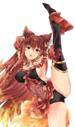 Rule 34 | 1girl, absurdres, animal ears, anthuria, armpits, arms up, bare shoulders, black gloves, black panties, black thighhighs, blush, breasts, cameltoe, covered erect nipples, detached sleeves, dress, elbow gloves, erune, flexible, gloves, granblue fantasy, hair between eyes, hair ornament, highres, large breasts, leg lift, leg up, long hair, looking at viewer, open mouth, panties, red dress, red eyes, red hair, shinjitsu (true ride), sideboob, simple background, smile, solo, split, standing, standing on one leg, standing split, thighhighs, thighs, underwear, white background