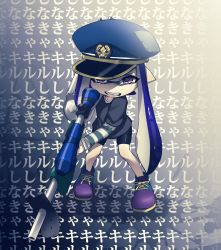 Rule 34 | 1girl, @ @, bike shorts, black shirt, black shorts, blue hair, blue hat, commentary, e-liter 3k (splatoon), full body, grimace, hat, highres, holding, holding weapon, inkling, inkling girl, inkling player character, layered clothes, layered sleeves, long hair, long sleeves, looking at viewer, nintendo, peaked cap, pointy ears, puchiman, purple eyes, purple footwear, scope, shirt, shoes, short over long sleeves, short sleeves, shorts, solo, splatoon (series), splatoon 1, standing, striped clothes, striped shirt, tearing up, tentacle hair, text background, translated, wall of text, weapon