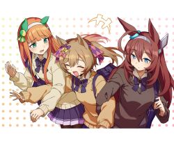 3girls ahoge alternate_costume animal_ears anime_coloring blush breasts closed_eyes double_arm_hug hair_ornament headband highres horse_girl long_hair medium_breasts mihono_bourbon_(umamusume) multiple_girls nigekiri_sisters_(umamusume) orange_hair school_uniform sha_(siasha0104) silence_suzuka_(umamusume) simple_background smart_falcon_(umamusume) umamusume