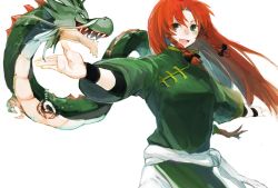 Rule 34 | 1girl, alternate costume, bad id, bad pixiv id, braid, chinese clothes, dragon, eastern dragon, green eyes, henpei saboten, highres, hong meiling, long hair, looking at viewer, open mouth, outstretched arms, red hair, smile, touhou, twin braids, white background