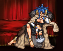 Rule 34 | 1girl, abs, anklet, aozoraichi, arm support, barefoot, blue hair, breasts, bridal gauntlets, coat, crossed legs, feet, fur coat, hand fan, horns, jewelry, large breasts, muscular, nail polish, red eyes, red nails, sitting, solo, thighhighs, toenail polish, toenails