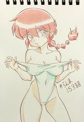 Rule 34 | 1girl, 2022, bikini, braid, breasts, cleavage, clothing aside, covered navel, dated, highleg, highleg swimsuit, highres, large breasts, long hair, looking at viewer, one-piece swimsuit, purao3, ranma-chan, ranma 1/2, red hair, shiny skin, simple background, single braid, swimsuit, swimsuit aside, thong bikini, thong one-piece swimsuit, traditional media, translation request, wide hips